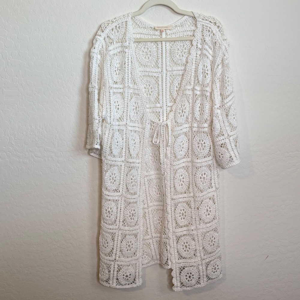 Solitaire White Crochet Lace Tie Front Cardigan Boho Medallion Duster Medium